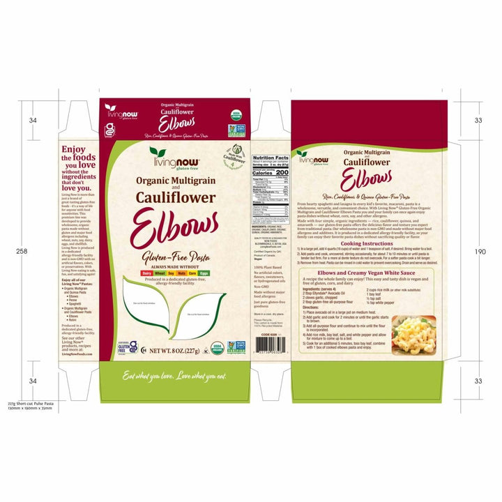 NOW, Living NOW, NOW Natural Foods, Organic Multigrain and Cauliflower Elbows Gluten Free Pasta, Made Without Dairy, Wheat, Soy, Nuts, Corn or Eggs, 8 oz - The Oasis of Health