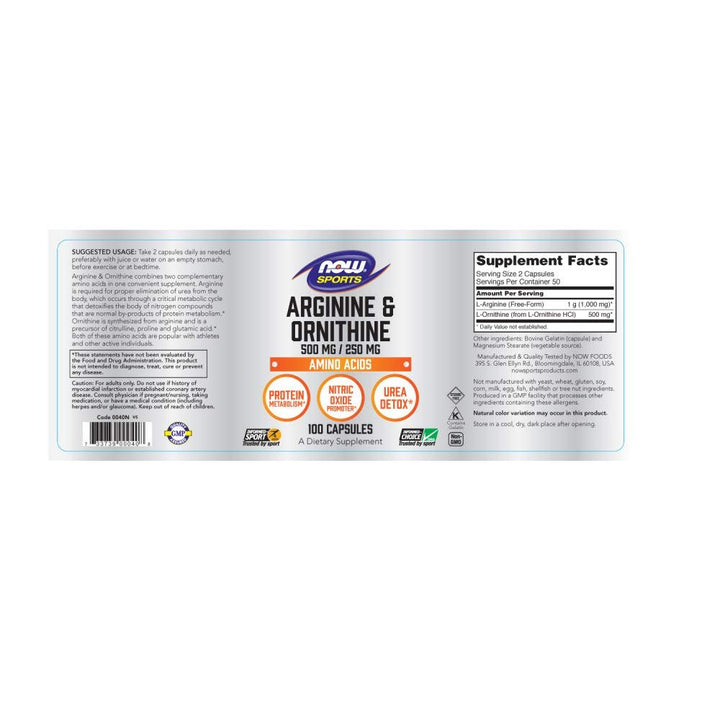 Now Sports Arginine & Ornithine 500 mg / 250 mg 100 Vcaps - 0040 - The Oasis of Health