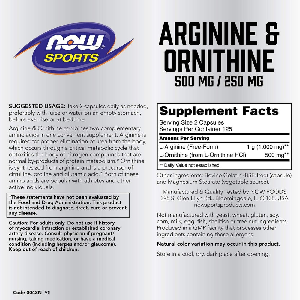 Now Sports Arginine & Ornithine 500 mg / 250 mg 250 Vcaps - 0042 - The Oasis of Health
