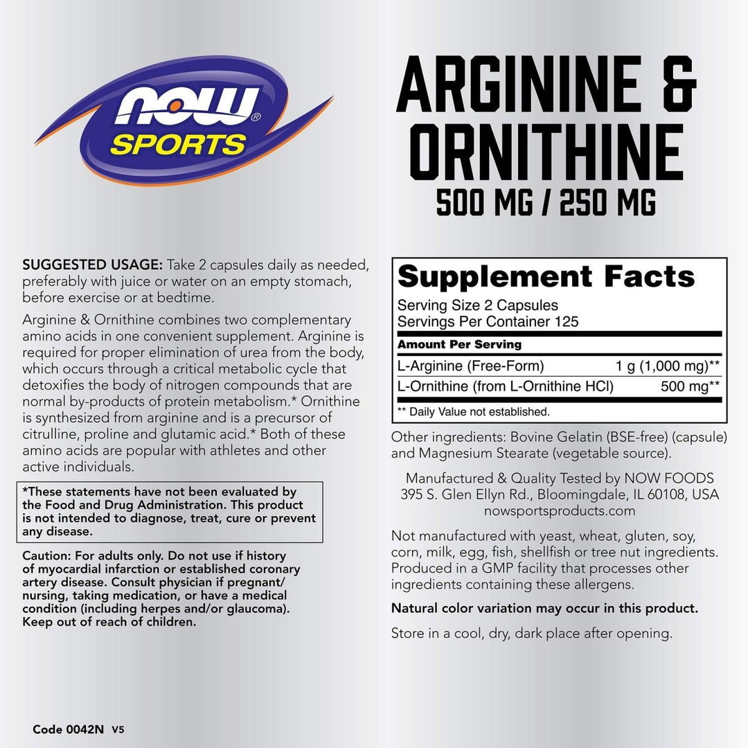 Now Sports Arginine & Ornithine 500 mg / 250 mg 250 Vcaps - 0042 - The Oasis of Health