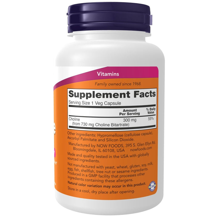 NOW Supplements Choline 300 mg, 100 Veg Capsules - Supports Nervous System and Liver Health, Vegan - The Oasis of Health