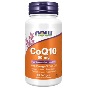 NOW Supplements, CoQ10 60 mg with Omega 3 Fish Oil, Cardiovascular Health*, 60 Softgels - The Oasis of Health