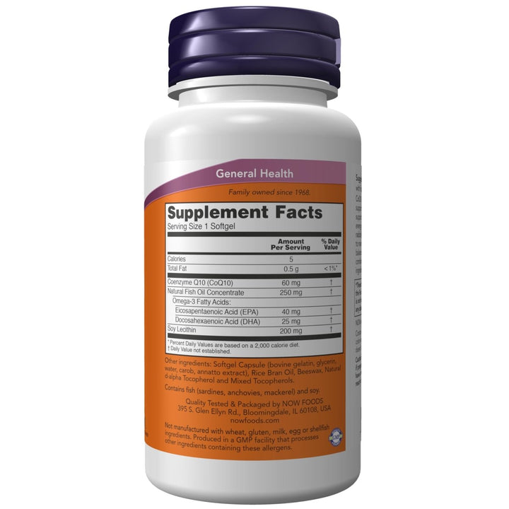 NOW Supplements, CoQ10 60 mg with Omega 3 Fish Oil, Cardiovascular Health*, 60 Softgels - The Oasis of Health