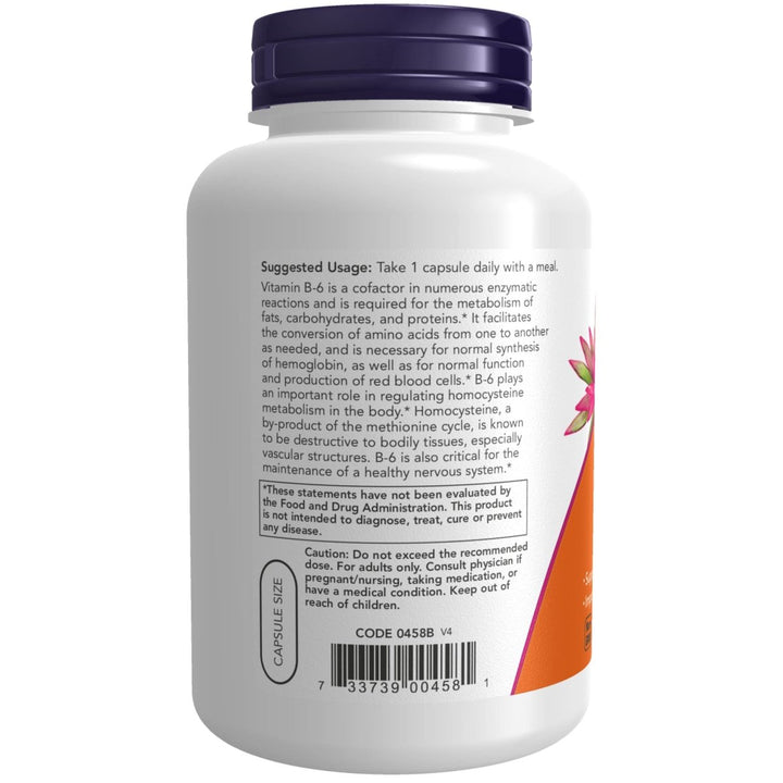 NOW Supplements, Vitamin B - 6 (Pyridoxine HCl) 100 mg, Cardiovascular Health*, 250 Veg Capsules - The Oasis of Health