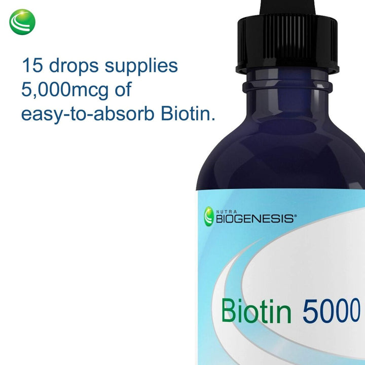 Nutra BioGenesis - Biotin 5000 - Liquid Vitamin B Biotin Drops for Skin, Hair, Adrenal and Immune Health - 2 Ounce - The Oasis of Health