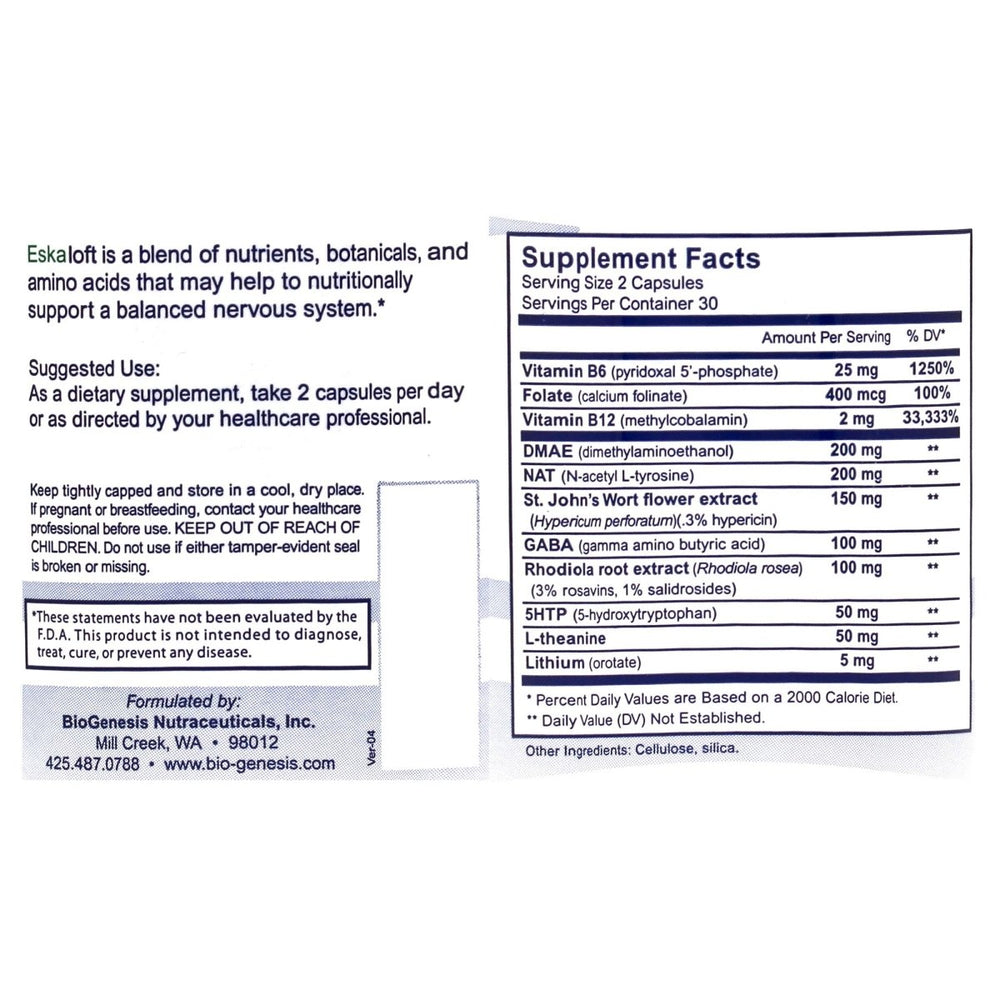 Nutra Biogenesis Eskaloft - B Vitamins - 120 Capsules - , Rhodiola and St. John's Wort to Help Support Mental Health & Stress Response - Gluten Free - The Oasis of Health