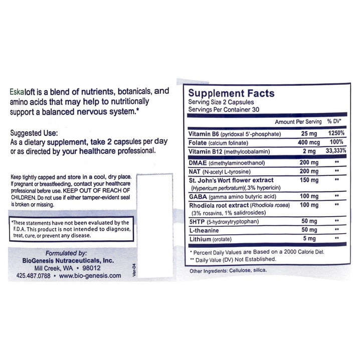 Nutra Biogenesis Eskaloft - B Vitamins - 120 Capsules - , Rhodiola and St. John's Wort to Help Support Mental Health & Stress Response - Gluten Free - The Oasis of Health