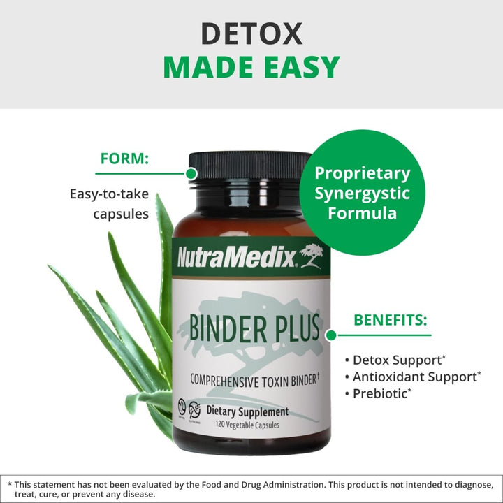 NutraMedix Binder Plus - Comprehensive Toxin Binder & Body Detoxifier - Prebiotic Antioxidant Support + Inulin, Bentonite, Aloe Vera, Activated Charcoal, Fulvic Minerals & Chitosan (120 Capsules) - The Oasis of Health