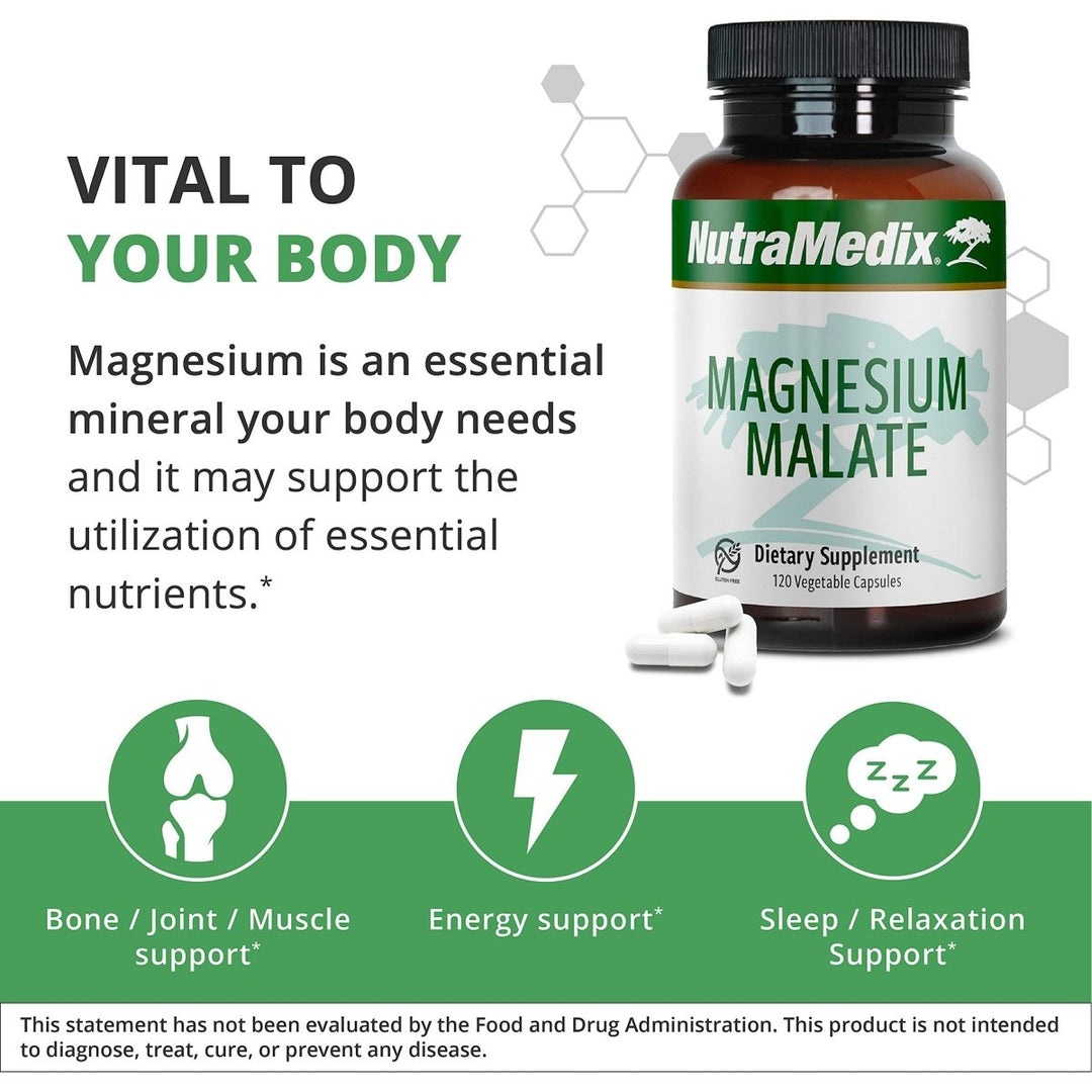 NutraMedix Magnesium Malate 200mg - Bioavailable Energy, Bone Health, Muscle & Joint Support Supplement - Vegan, Non - GMO & Gluten - Free Vitamin and Mineral Support (120 Vegetarian Capsules) - The Oasis of Health