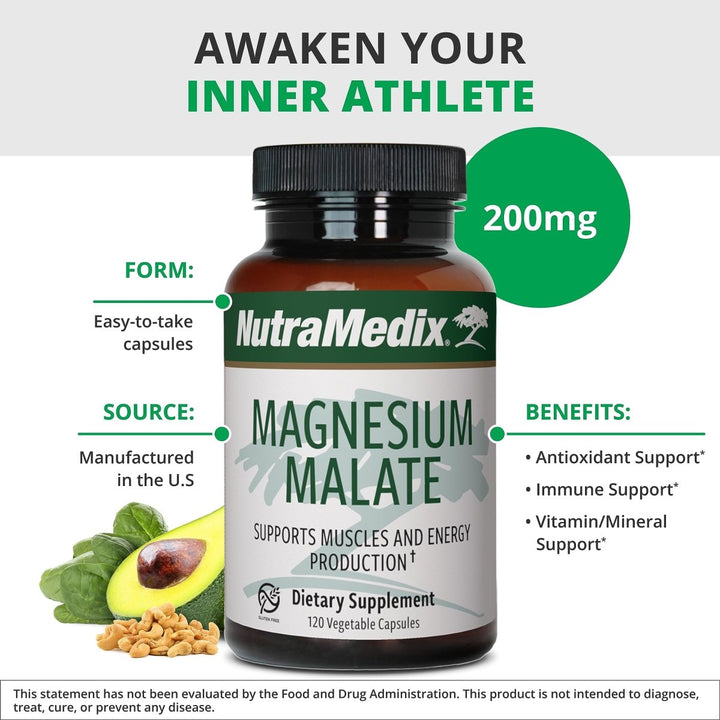 NutraMedix Magnesium Malate 200mg - Bioavailable Energy, Bone Health, Muscle & Joint Support Supplement - Vegan, Non - GMO & Gluten - Free Vitamin and Mineral Support (120 Vegetarian Capsules) - The Oasis of Health