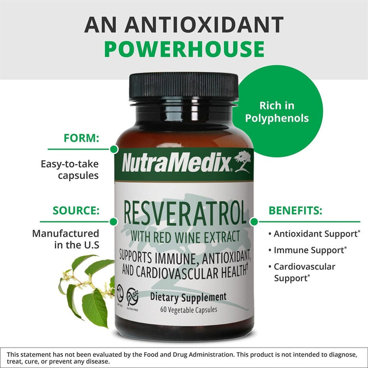 NutraMedix Resveratrol Capsules - Bioavailable Antioxidants Supplement from Red Wine Extract + Grape Skins - 200mg Japanese Knotweed for Immune & Cardiovascular Support (60 Capsules) - The Oasis of Health