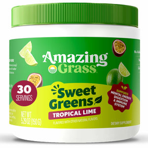 Yellow Green Amazing Grass Sweet Greens and Superfoods Powder for Digestive Health, Greens Powder, Digestive Enzymes, Probiotics, Spirulina, Chlorella, Tropical Lime, 30 Servings