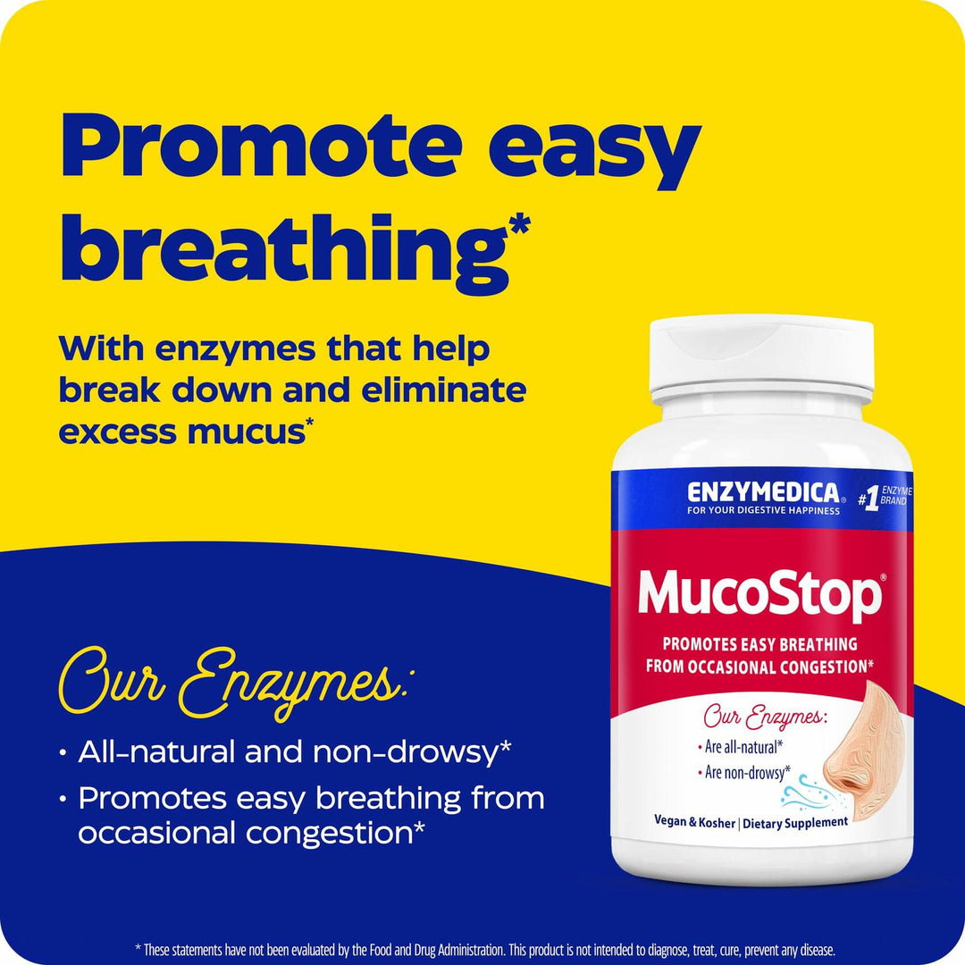 Enzymedica, MucoStop, Natural Enzyme Supplement, Relieves Seasonal or Occasional Congestion, Supports Easy Breathing, 48 Count - The Oasis of Health