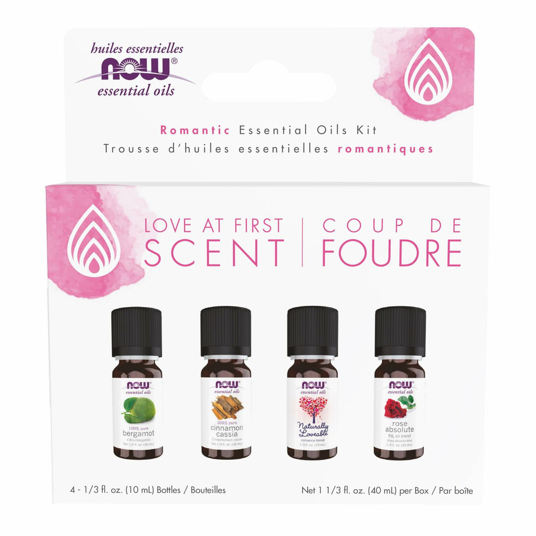 NOW Essential Oils, Love at First Scent Aromatherapy Kit, 4x10ml Including Bergamot, Cinnamon Cassia, Rose Absolute and our Naturally Loveable Essential Oil Blend With Child Resistant Caps - The Oasis of Health