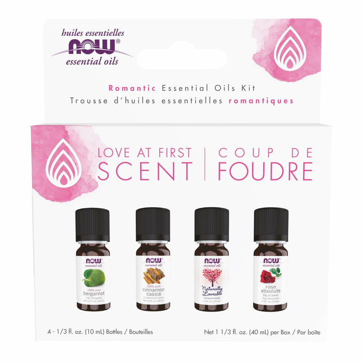 NOW Essential Oils, Love at First Scent Aromatherapy Kit, 4x10ml Including Bergamot, Cinnamon Cassia, Rose Absolute and our Naturally Loveable Essential Oil Blend With Child Resistant Caps - The Oasis of Health