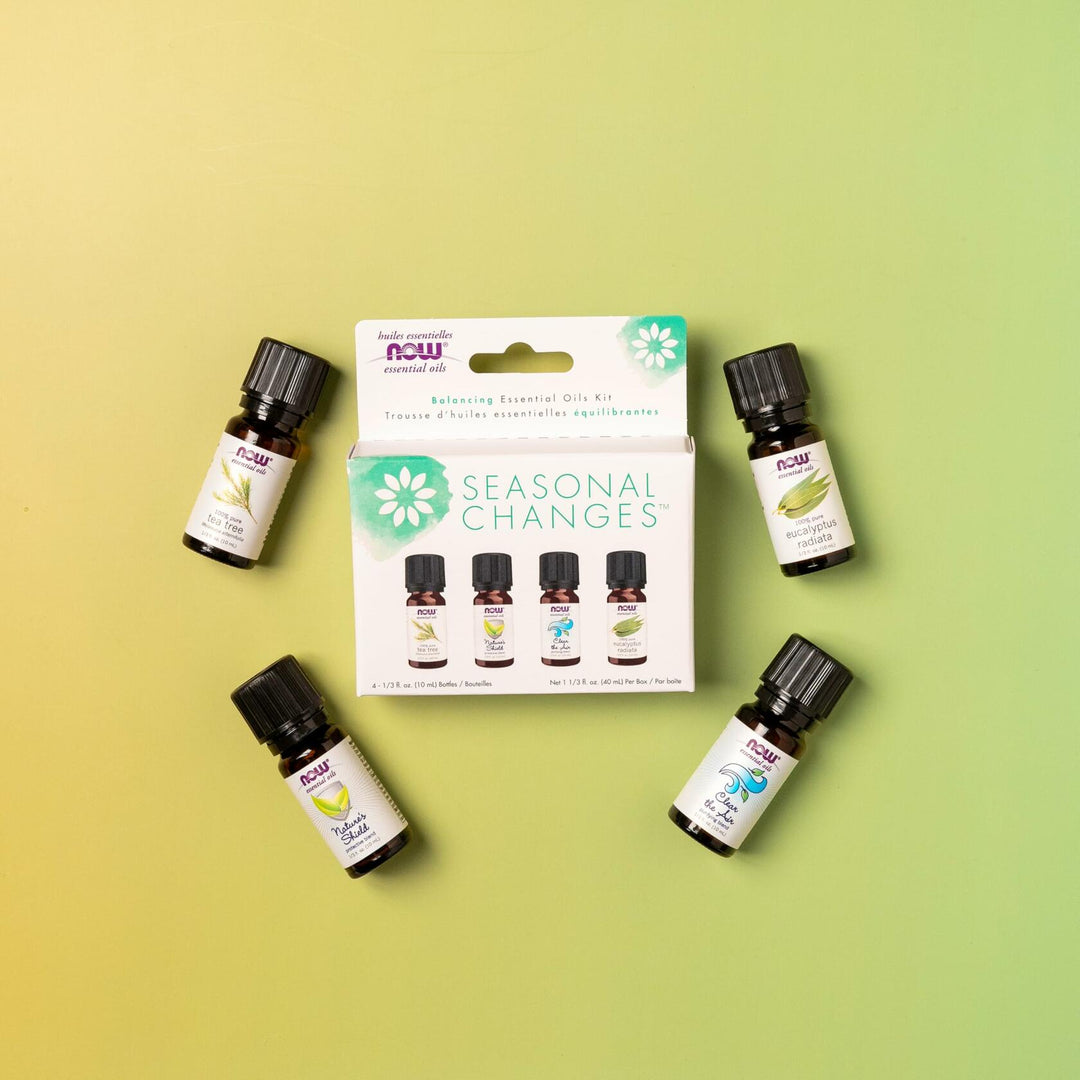 NOW Essential Oils, Seasonal Changes Balancing Aromatherapy Kit, 4x10ml Including Tea Tree, Eucalyptus Radiata, Clear the Air and Nature’s Shield Oil Blend With Child Resistant Caps - The Oasis of Health