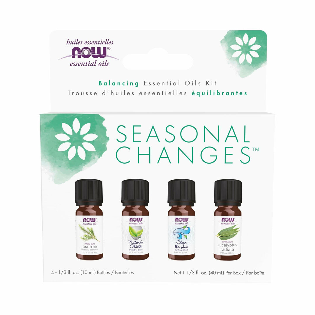 NOW Essential Oils, Seasonal Changes Balancing Aromatherapy Kit, 4x10ml Including Tea Tree, Eucalyptus Radiata, Clear the Air and Nature’s Shield Oil Blend With Child Resistant Caps - The Oasis of Health
