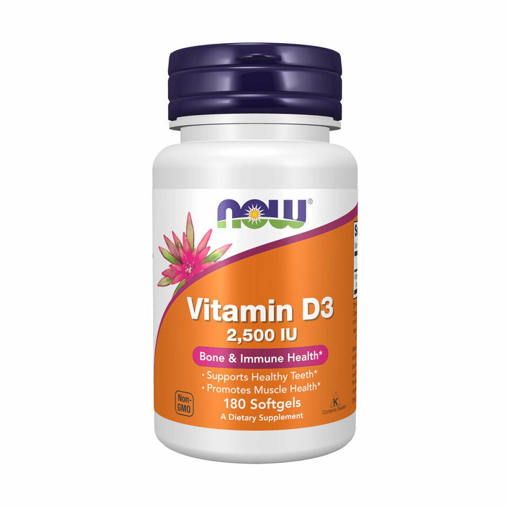 NOW Supplements, Vitamin D3 2500 IU, Bone and Immune Health*, Non-GMO, 180 Softgels - The Oasis of Health