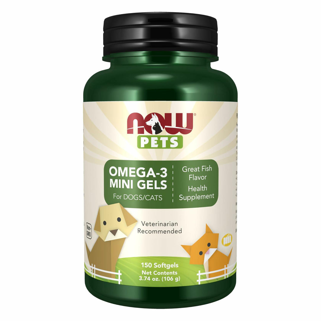 NOW Pet Health, Omega 3 Mini Gels Supplement, Formulated for Cats &amp; Dogs, NASC Certified, 150 Softgels - The Oasis of Health