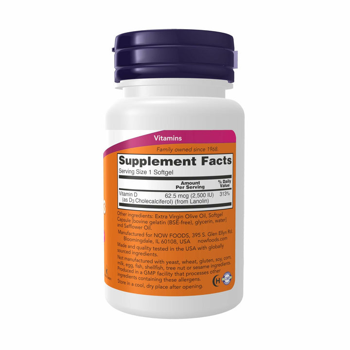NOW Supplements, Vitamin D3 2500 IU, Bone and Immune Health*, Non-GMO, 180 Softgels - The Oasis of Health
