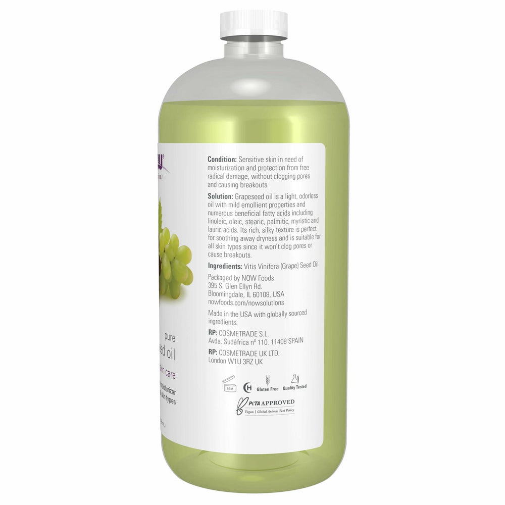 NOW Solutions, Grapeseed Oil, Skin Care for Sensitive Skin, Light Silky Moisturizer for All Skin Types, 32-Ounce - The Oasis of Health