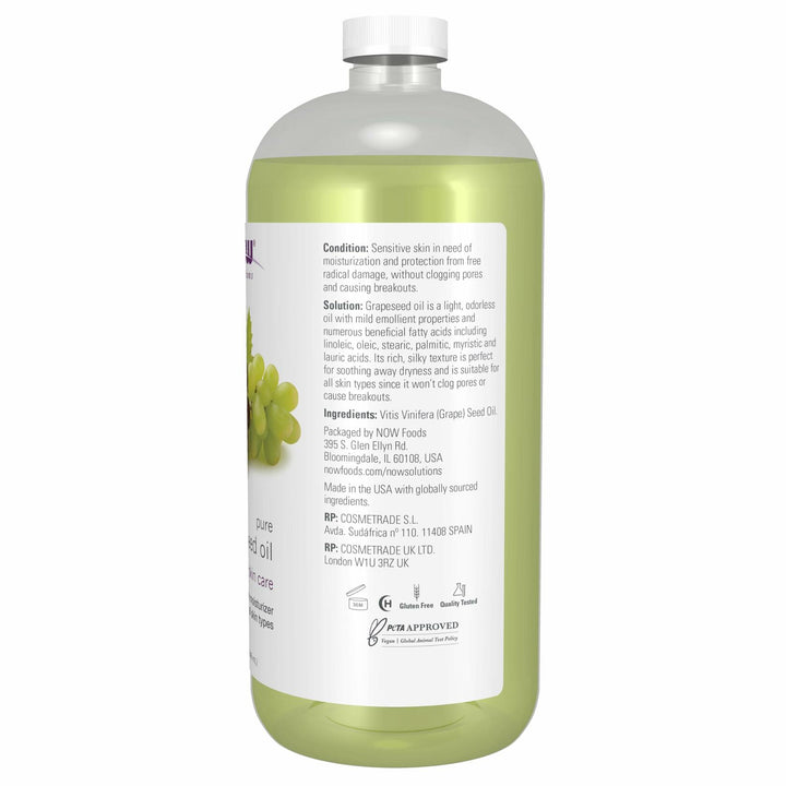 NOW Solutions, Grapeseed Oil, Skin Care for Sensitive Skin, Light Silky Moisturizer for All Skin Types, 32-Ounce - The Oasis of Health