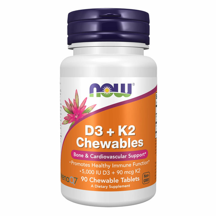 NOW Supplements, Vitamin D3 &amp; K2, 5,000 IU/90 mcg, Plus Cardiovascular Support*, Supports Bone Health*, 90 Chewable Tablets - The Oasis of Health