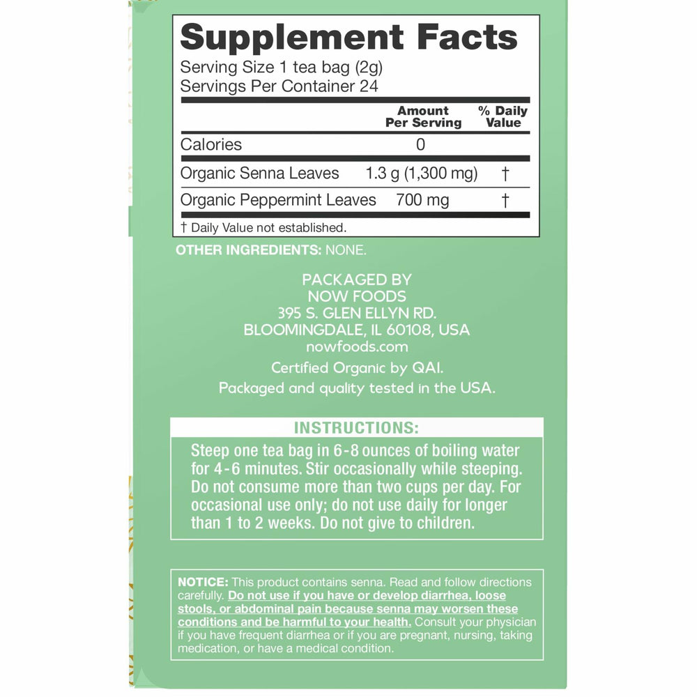 NOW Foods, Give a Tea™ Organic Senna Mint Tea, Detoxing, Caffeine-Free, 24-Count - The Oasis of Health