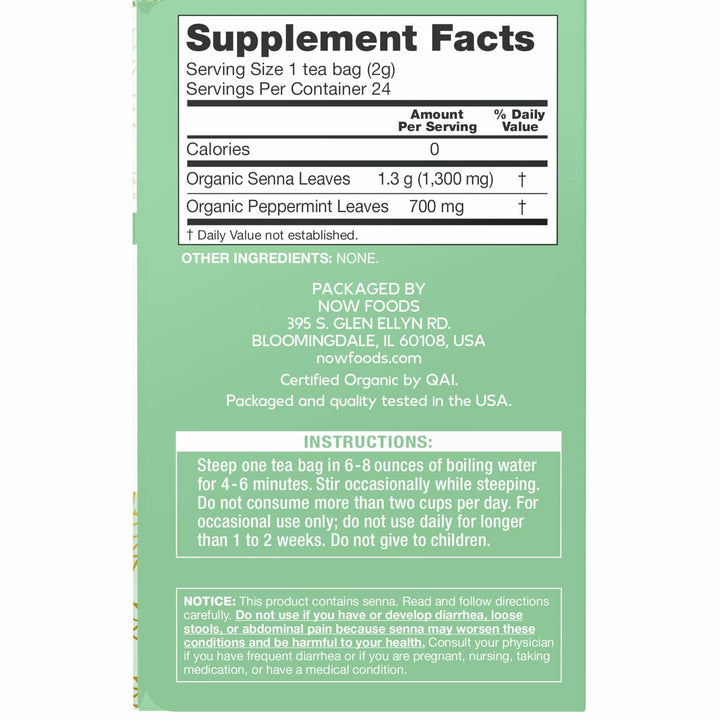 NOW Foods, Give a Tea™ Organic Senna Mint Tea, Detoxing, Caffeine-Free, 24-Count - The Oasis of Health