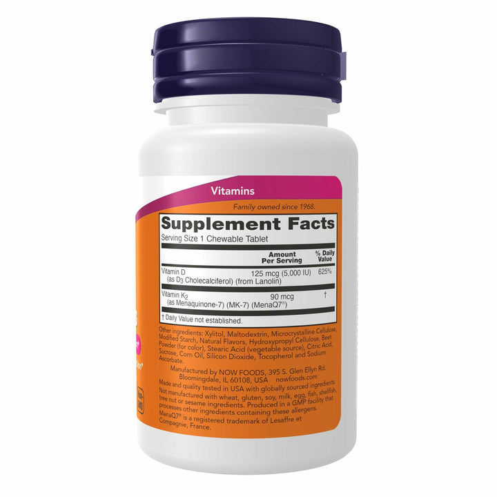 NOW Supplements, Vitamin D3 &amp; K2, 5,000 IU/90 mcg, Plus Cardiovascular Support*, Supports Bone Health*, 90 Chewable Tablets - The Oasis of Health