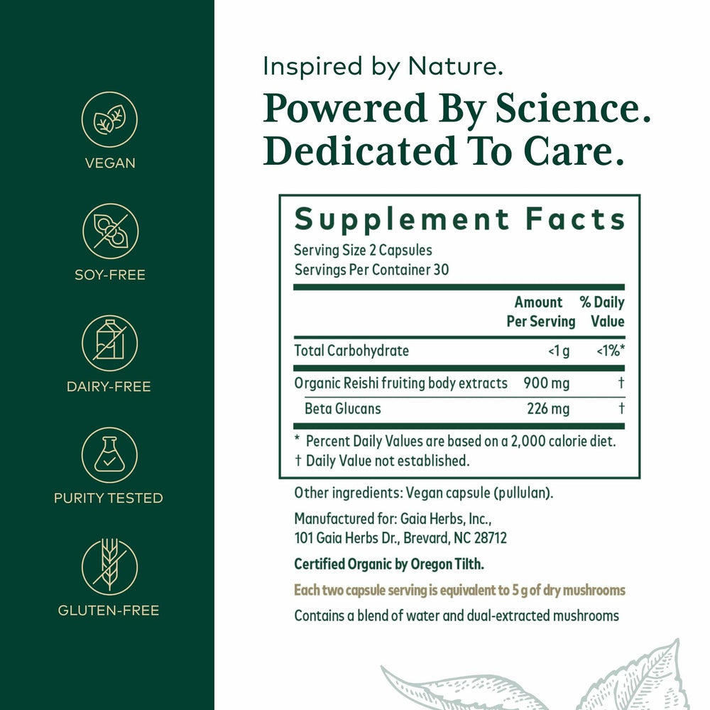 GAIA HERBS PRO Reishi Mushroom - Immune Support & Adaptogenic Benefits* - Certified Organic Mushroom Extract - Vegan - 60 Capsules (30 Servings) - The Oasis of Health
