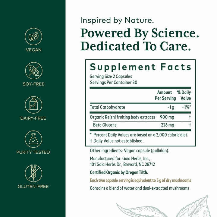 GAIA HERBS PRO Reishi Mushroom - Immune Support &amp; Adaptogenic Benefits* - Certified Organic Mushroom Extract - Vegan - 60 Capsules (30 Servings) - The Oasis of Health