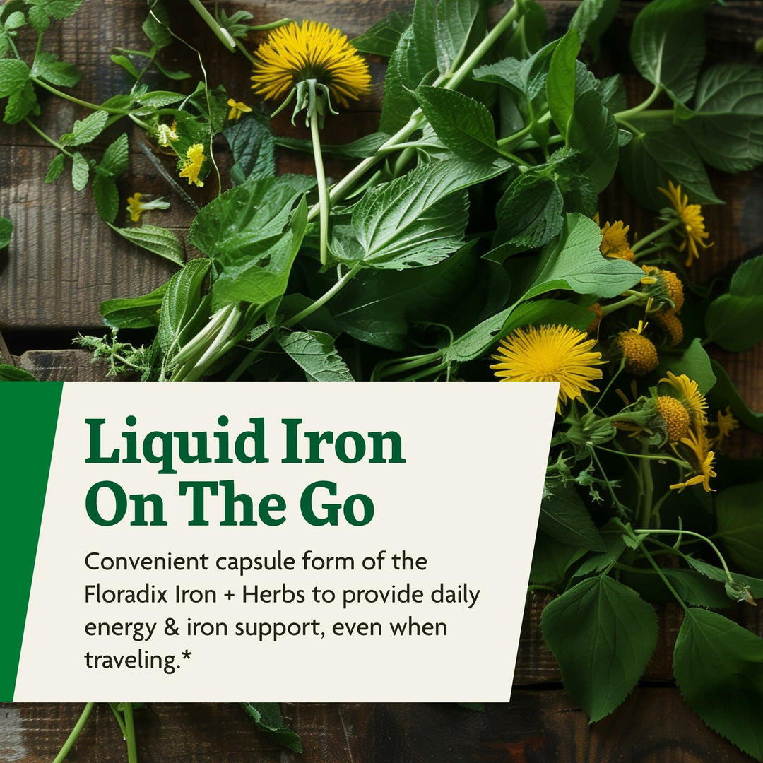 Floradix Iron + Herbs - Iron Supplement for Healthy Energy Support* - Supports Red Blood Cell Formation - Vegan, Non-GMO, Gluten-Free, Soy-Free - 120 Liquid Phyto-Caps - The Oasis of Health