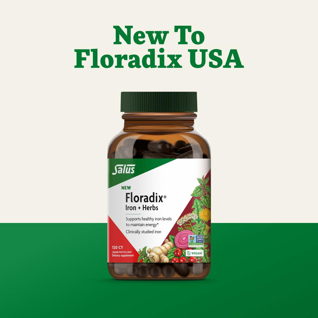 Floradix Iron + Herbs - Iron Supplement for Healthy Energy Support* - Supports Red Blood Cell Formation - Vegan, Non-GMO, Gluten-Free, Soy-Free - 120 Liquid Phyto-Caps - The Oasis of Health