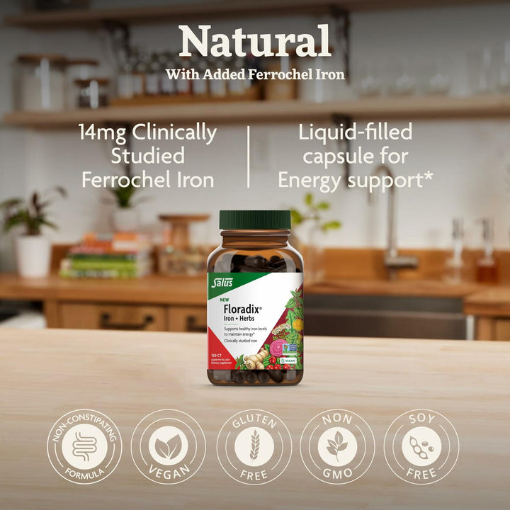 Floradix Iron + Herbs - Iron Supplement for Healthy Energy Support* - Supports Red Blood Cell Formation - Vegan, Non-GMO, Gluten-Free, Soy-Free - 120 Liquid Phyto-Caps - The Oasis of Health