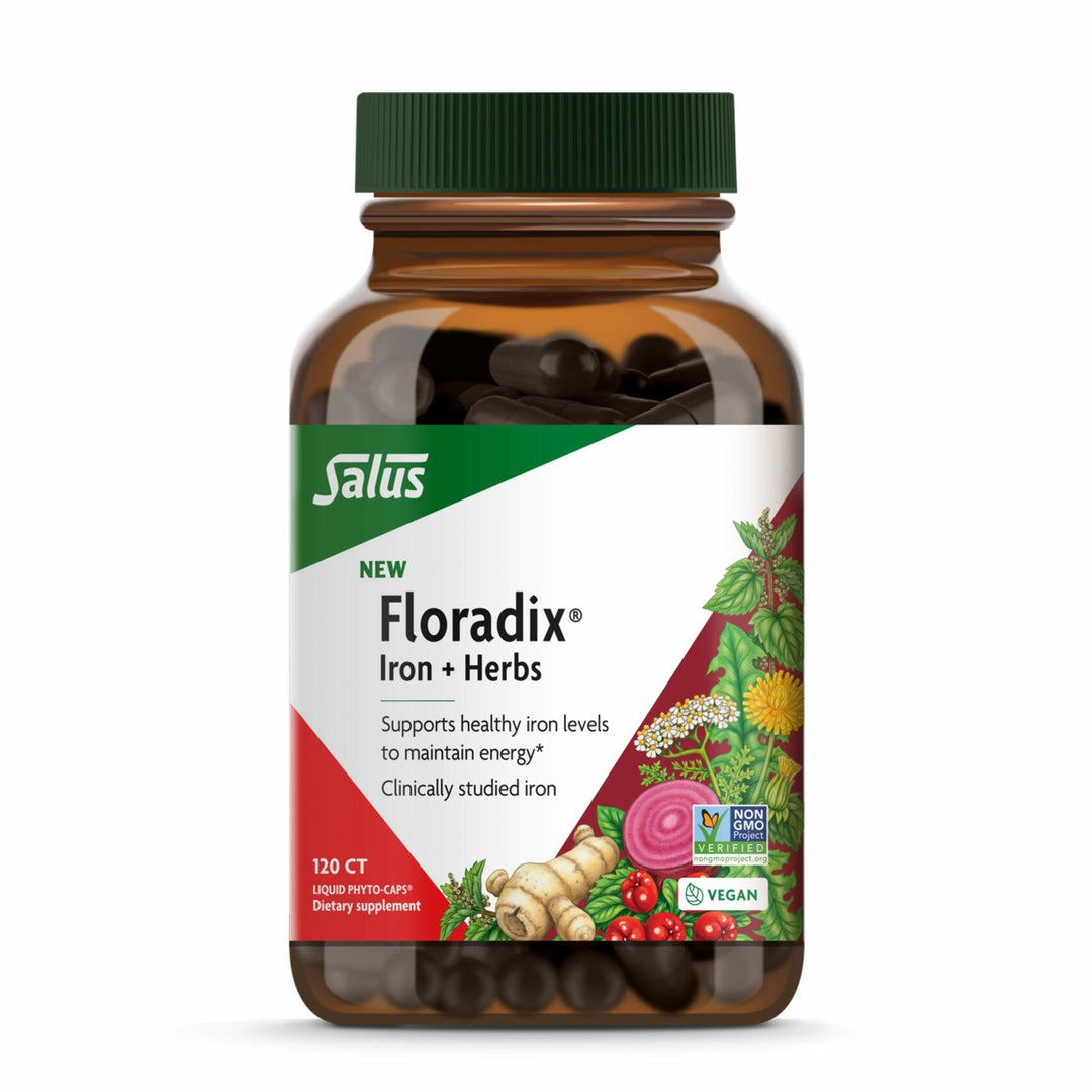 Floradix Iron + Herbs - Iron Supplement for Healthy Energy Support* - Supports Red Blood Cell Formation - Vegan, Non-GMO, Gluten-Free, Soy-Free - 120 Liquid Phyto-Caps - The Oasis of Health