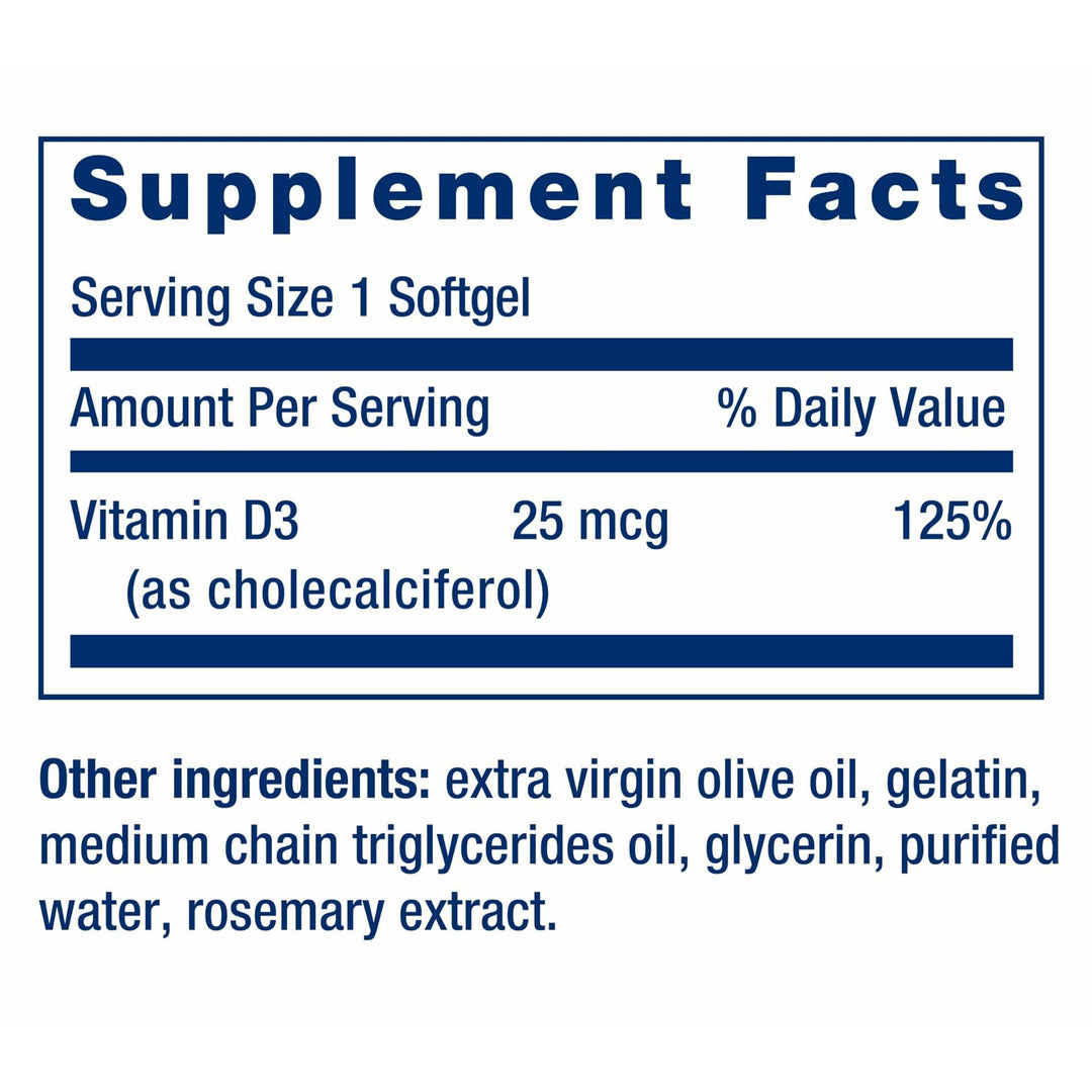 Life Extension Vitamin D3 25 mcg (1000 IU), Immune System Support, Bone Health, Whole-Body Health, Value Size, Gluten-Free, Non-GMO, 250 softgels - The Oasis of Health