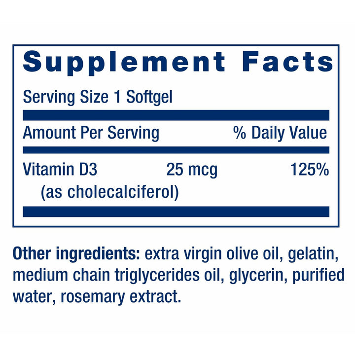 Life Extension Vitamin D3 25 mcg (1000 IU), Immune System Support, Bone Health, Whole-Body Health, Value Size, Gluten-Free, Non-GMO, 250 softgels - The Oasis of Health
