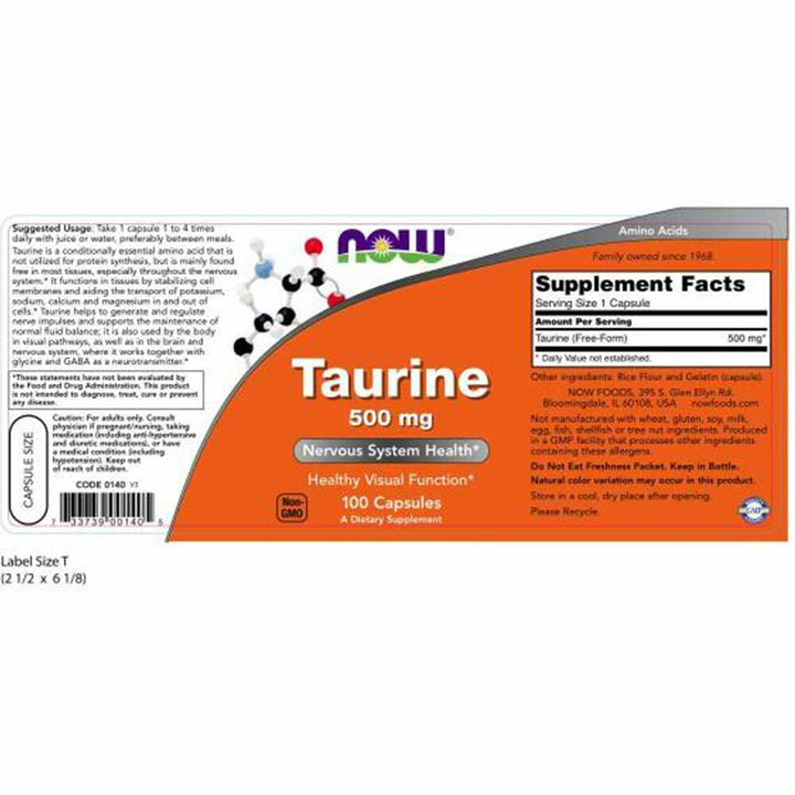 NOW Taurine 500mg, 100 Capsules (Pack of 3) - The Oasis of Health