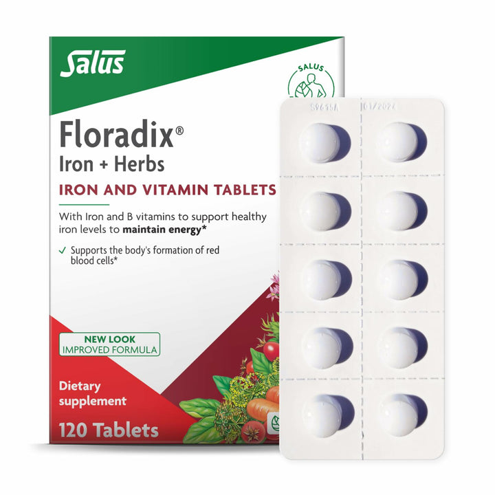 Floradix Iron Tablets - Iron Supplement with B Vitamins, Folic Acid, Vitamin C &amp; More - Energy Support - Vegetarian &amp; Gluten-Free - 120 Tablets (120 Servings) - The Oasis of Health