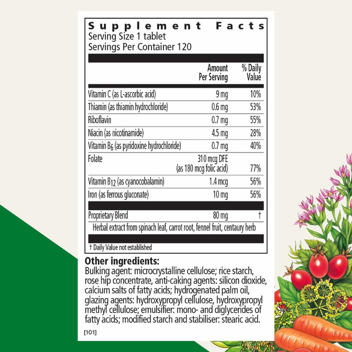 Floradix Iron Tablets - Iron Supplement with B Vitamins, Folic Acid, Vitamin C &amp; More - Energy Support - Vegetarian &amp; Gluten-Free - 120 Tablets (120 Servings) - The Oasis of Health