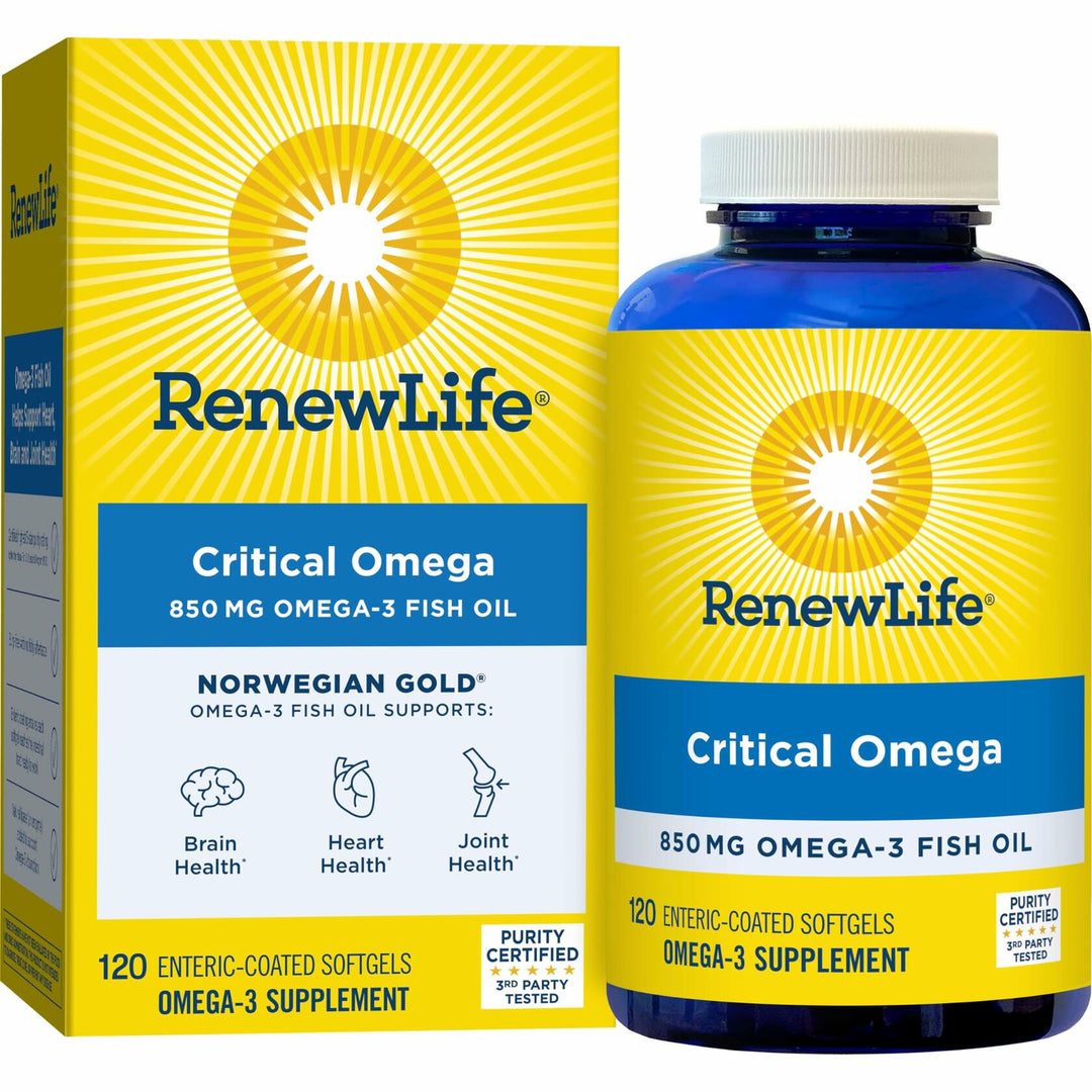 Renew Life Norwegian Gold Critical Omega Softgels, Daily Supplement Supports Heart, Brain and Joint Health, EPA and DHA Omega-3 Fish Oil, Dairy and gluten-free, 850 Mg 120 Count - The Oasis of Health