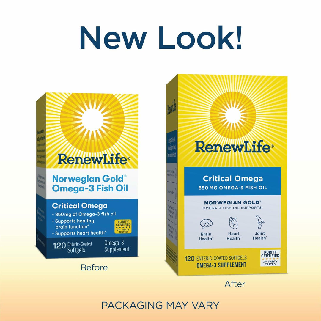 Renew Life Norwegian Gold Critical Omega Softgels, Daily Supplement Supports Heart, Brain and Joint Health, EPA and DHA Omega-3 Fish Oil, Dairy and gluten-free, 850 Mg 120 Count - The Oasis of Health