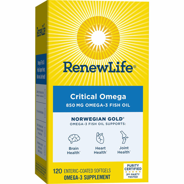 Renew Life Norwegian Gold Critical Omega Softgels, Daily Supplement Supports Heart, Brain and Joint Health, EPA and DHA Omega-3 Fish Oil, Dairy and gluten-free, 850 Mg 120 Count - The Oasis of Health
