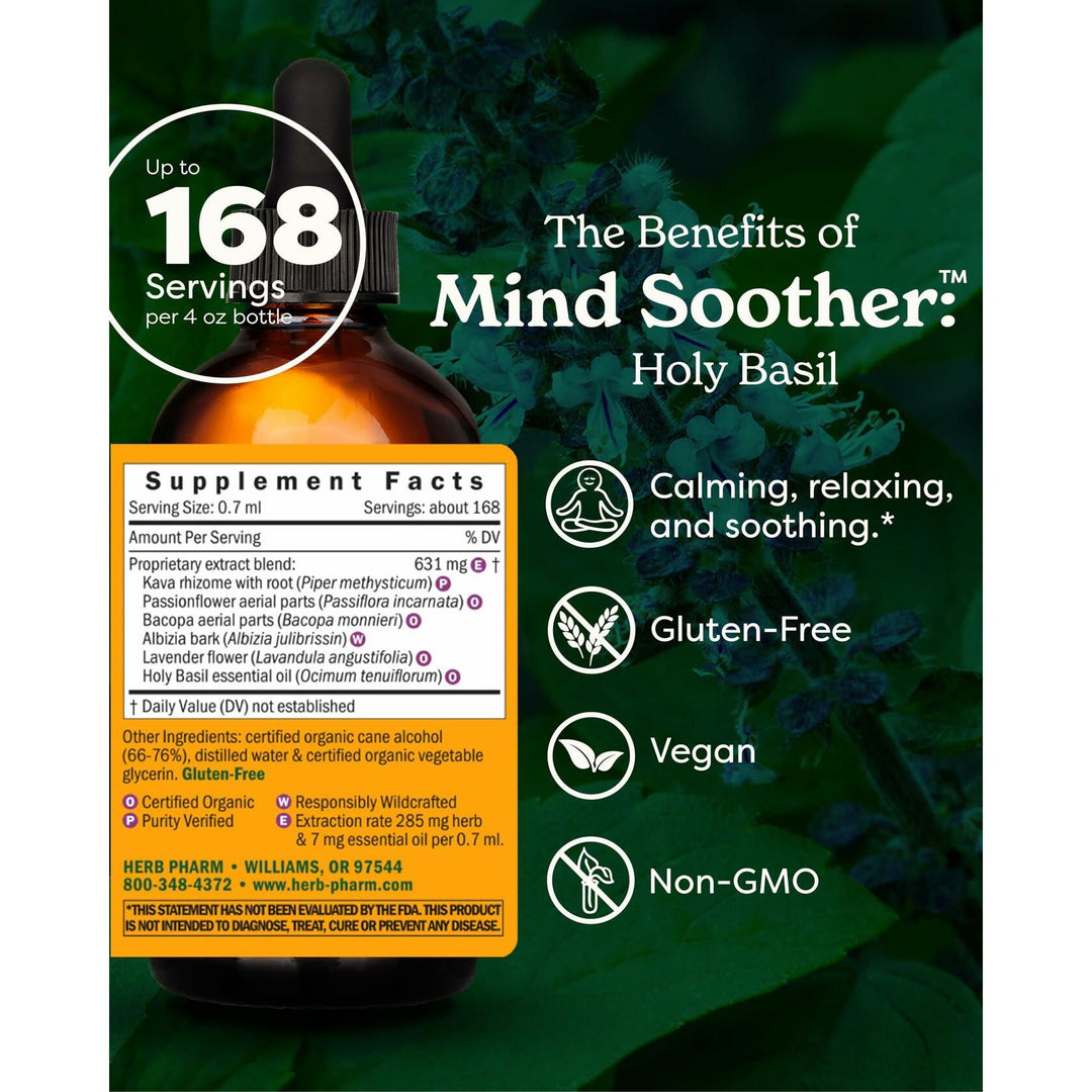 Herb Pharm Mind Soother: Holy Basil: Liquid Kava Supplement to Support Calm &amp; Relaxation, Stabilizing Support for Nervous System, Made with Noble Kava &amp; Lavender Flower, Vegan, Gluten-Free, 4 oz* - The Oasis of Health