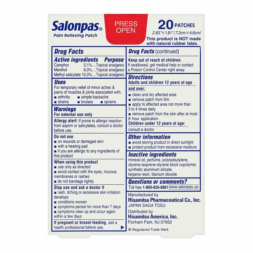 SALONPAS Pain Relieving Patch 2.83"x1.81" 60 Patches (20 Patches) - The Oasis of Health