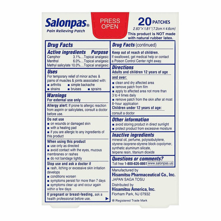 SALONPAS Pain Relieving Patch 2.83"x1.81" 60 Patches (20 Patches) - The Oasis of Health