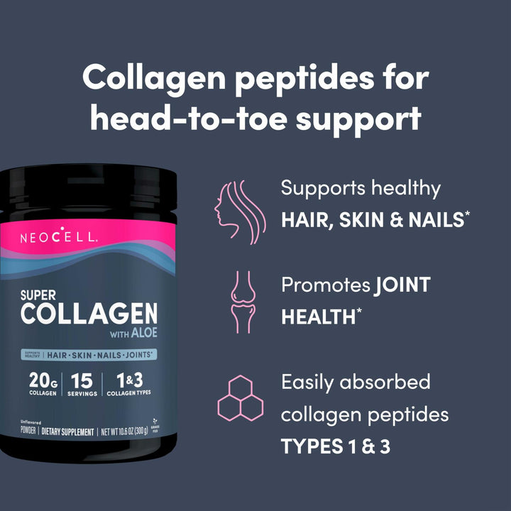 NeoCell Super Collagen with Aloe; Collagen Type 1 and 3; Supports Healthy Hair, Skin and Nails; Gluten Free; Unflavored Powder; 10 g Collagen/Serving; 30 Servings; 10.6 Oz,* - The Oasis of Health