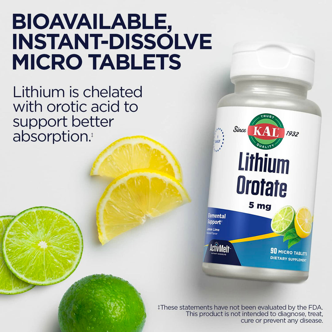 KAL Lithium Orotate ActivMelt 5mg, Chelated Lithium for Optimal Absorption and Bioavailability, Healthy Mood Support, Natural Lemon Lime Flavor, Instant Dissolve Tablets, 90 Servings, 90 Micro Tablets - The Oasis of Health