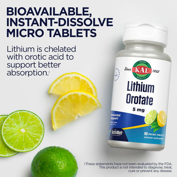 KAL Lithium Orotate ActivMelt 5mg, Chelated Lithium for Optimal Absorption and Bioavailability, Healthy Mood Support, Natural Lemon Lime Flavor, Instant Dissolve Tablets, 90 Servings, 90 Micro Tablets - The Oasis of Health